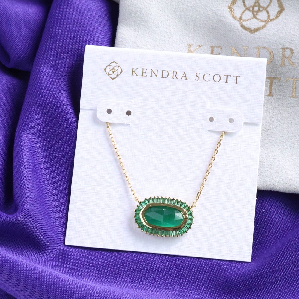 New Kendra Scott Gold Pendant Necklace - Baguette Elisa Green Mix